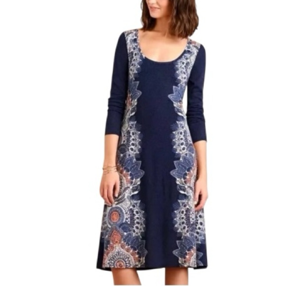 Maeve Anthropologie Women’s Eira Navy Blue Boho Long Sleeve Sweater Dress sz L